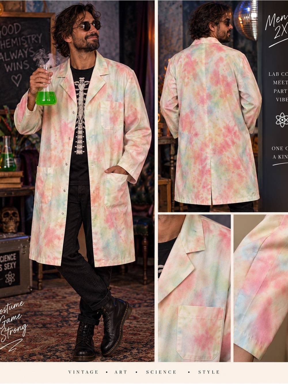 Vintage Wrangler Men’s 2XL Hand Tie Dyed Lab Coat Pastel Halloween Costume